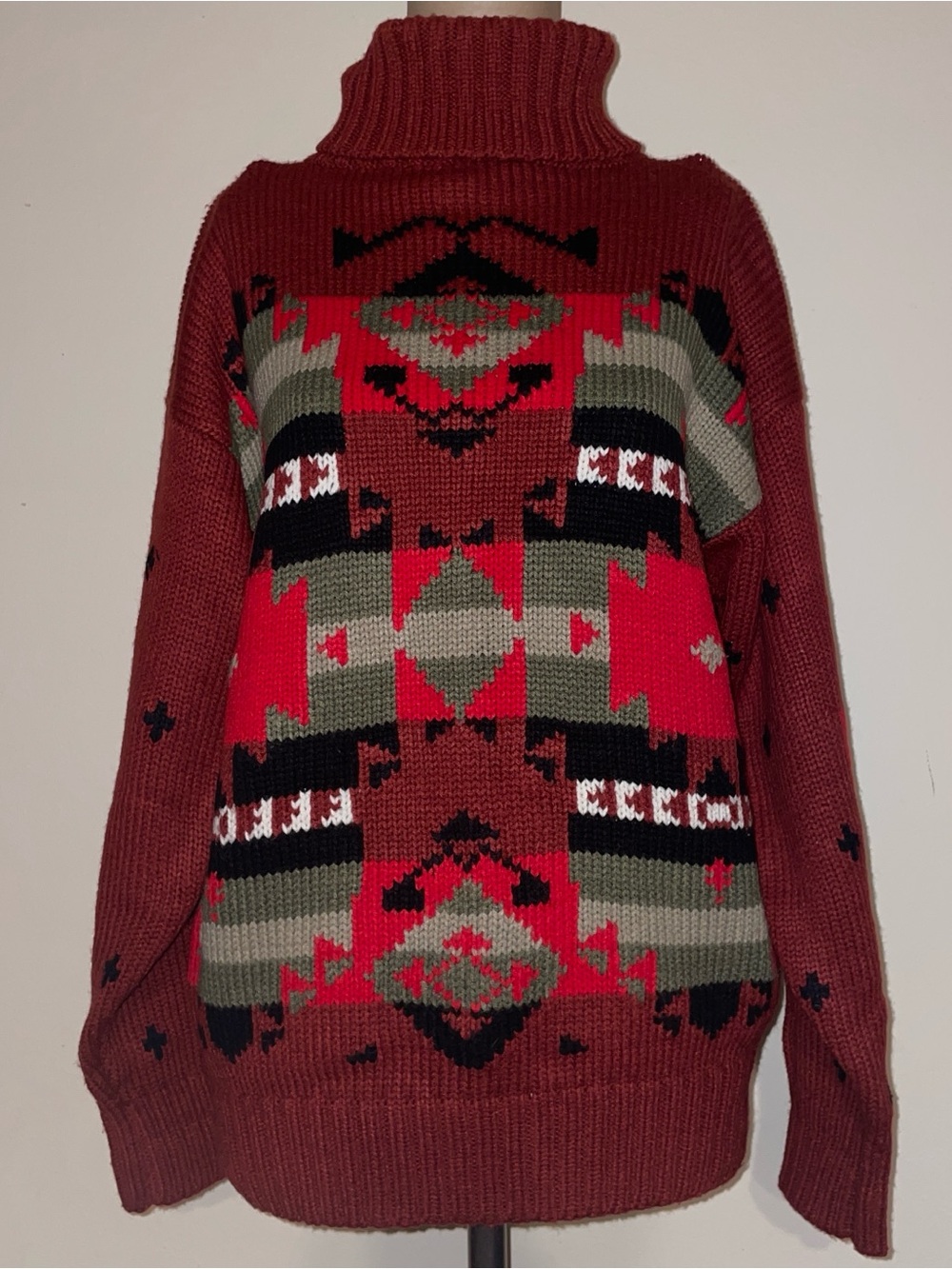 Avon Rust Red Aztec Turtleneck Sweater with Olive & Black Accents
